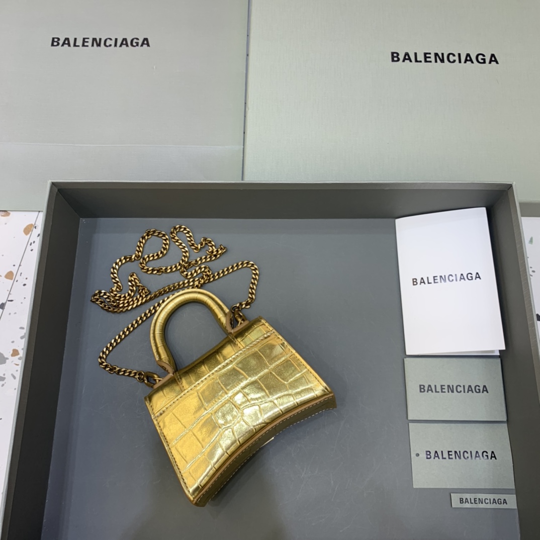 Balenciaga Hourglass Mini Handbag With Chain Crocodile Embossed Shoulder Bag Gold